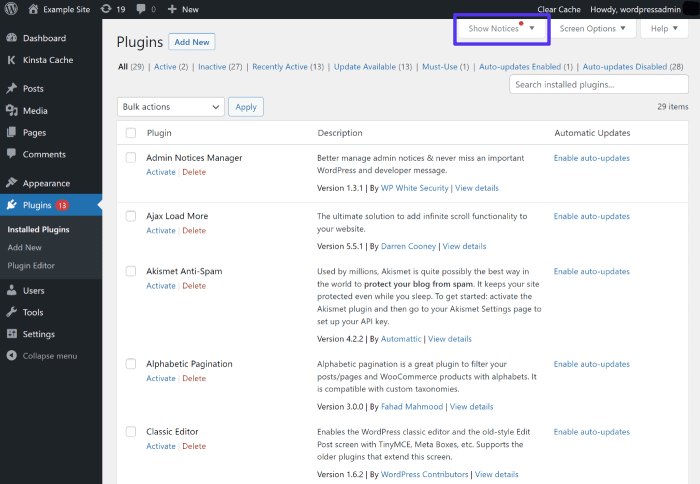 How to add a notification center in wordpress admin