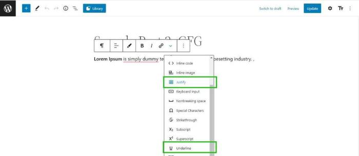 How to add underline and justify text buttons in wordpress