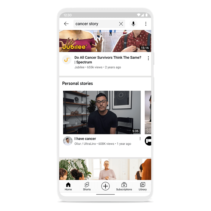 Youtube searches for health topics to show personal stories